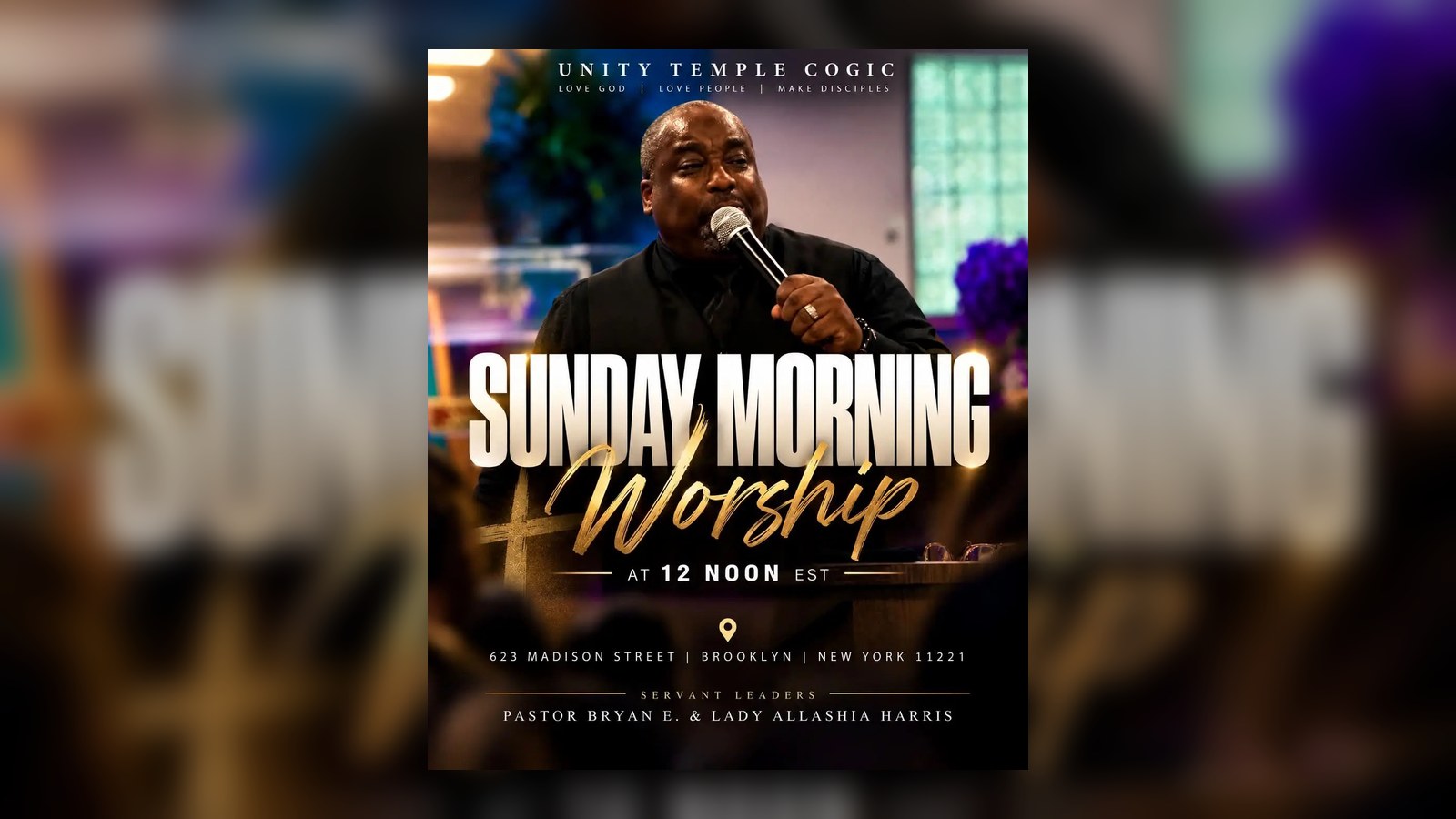 Unity Temple Sunday Morning Worship flyer showing weekly service at 12 noon.