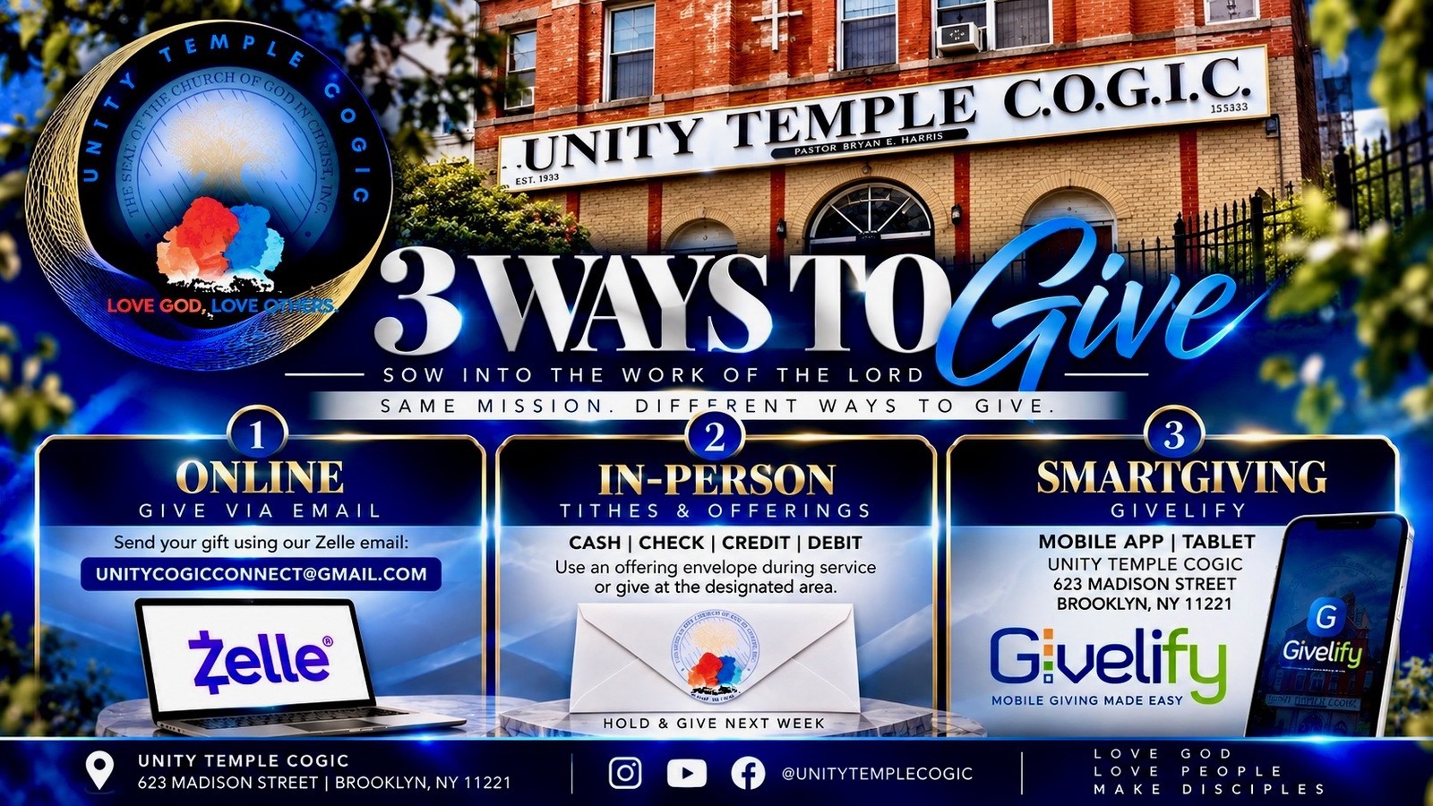 Unity Temple COGIC graphic showing three ways to give.